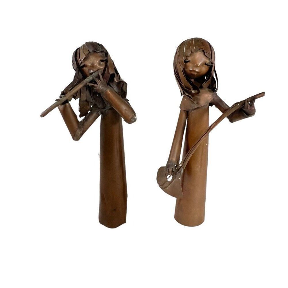 Vintage Copper Sculpture Folk Art Girl Woman Playing Flute Statue Set Of Two 12"